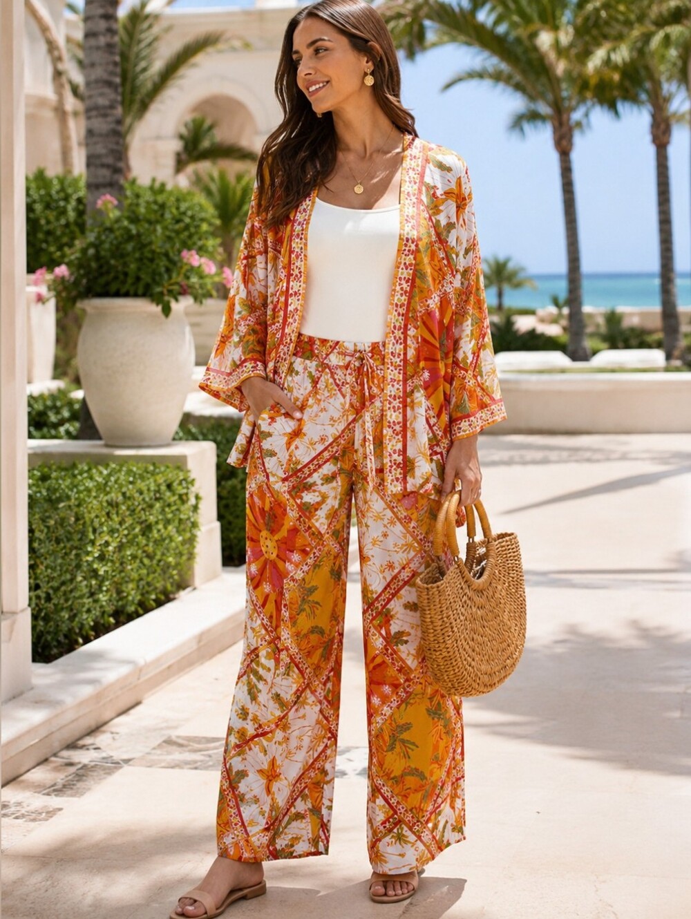 Haute Hippie Kimono Cardigan Top And Palazzo Pants Set Women's Sz Sm Oversized